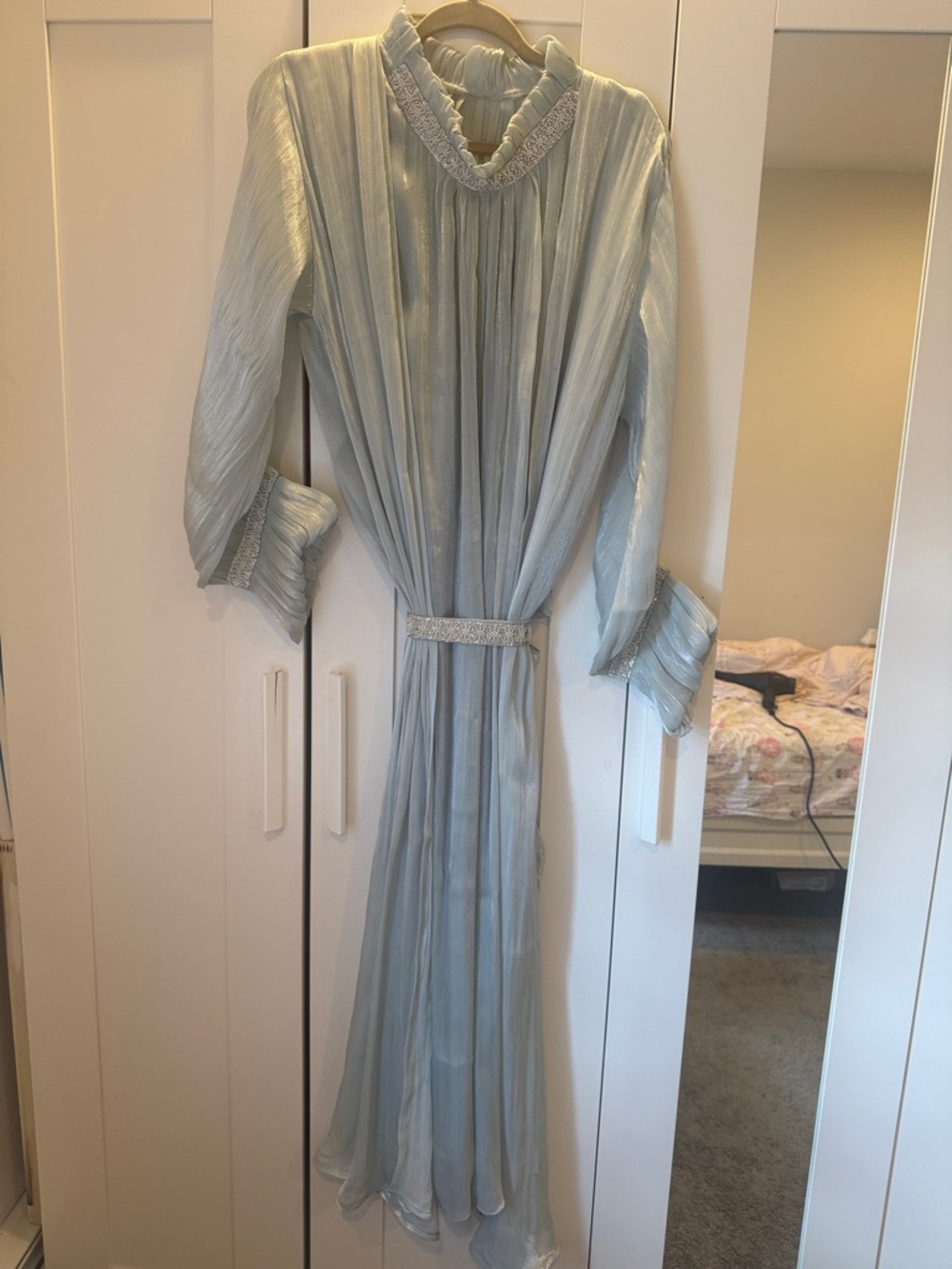 Elegant Pale Sage Pleated Maxi Dress with Beaded Trim